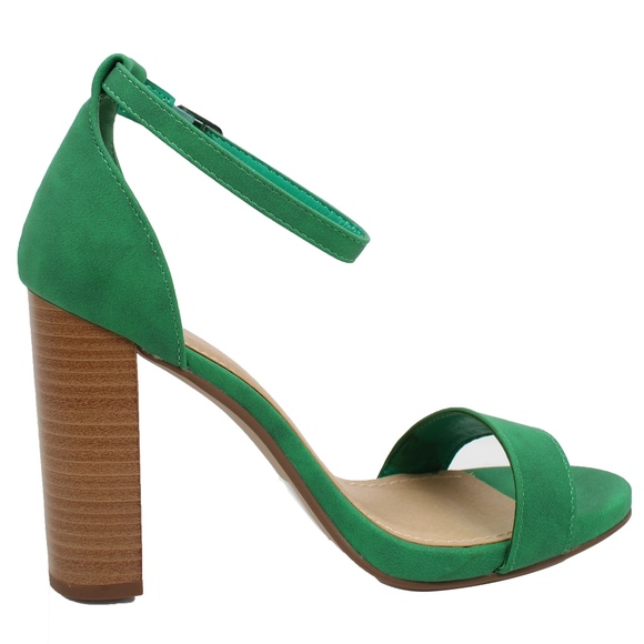 Size 5.5 Emerald Open Toe Ankle Strap Stacked Heel - Picture 3 of 5